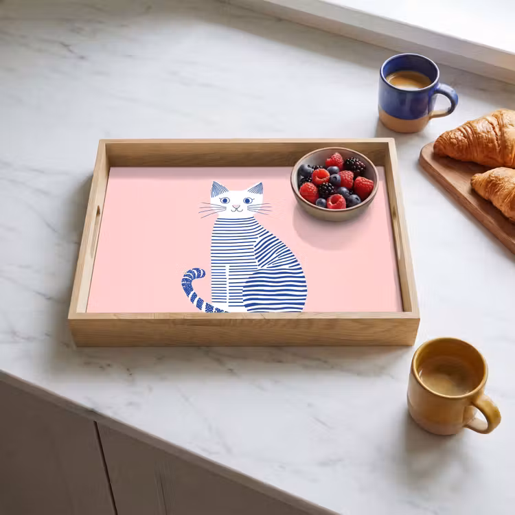 Kat - Illustratie - Minimalistisch - Roze Dienblad Rechthoek middel -sfeer2