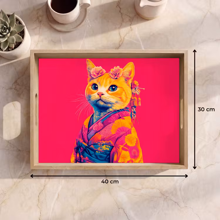 Kat - Kimono - Bloemen - Roze Dienblad Rechthoek middel -USP_Formaat