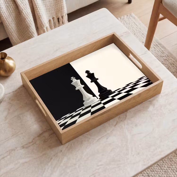 Schaakstukken - Koning - Geblokt - Zwart Dienblad Rechthoek middel -sfeer1
