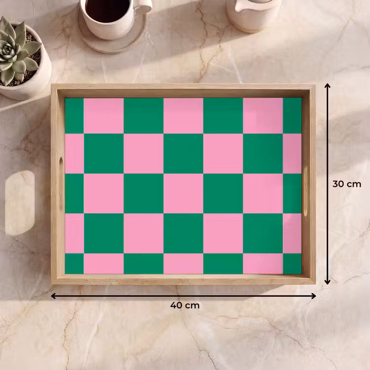 Schaakbord patroon - Groen - Roze - Blokjes Dienblad Rechthoek middel -USP_Formaat