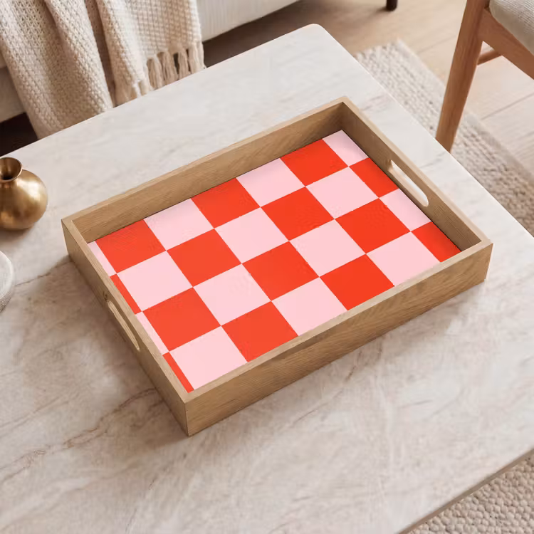Schaakbord patroon - Rood - Roze - Blokjes Dienblad Rechthoek middel -sfeer1