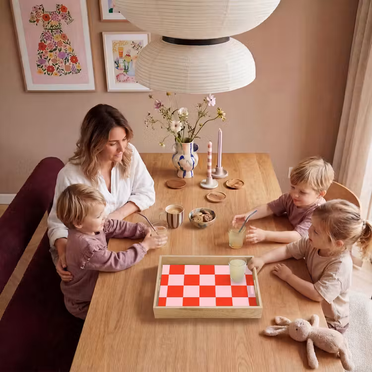 Schaakbord patroon - Rood - Roze - Blokjes Dienblad Rechthoek middel -sfeer4