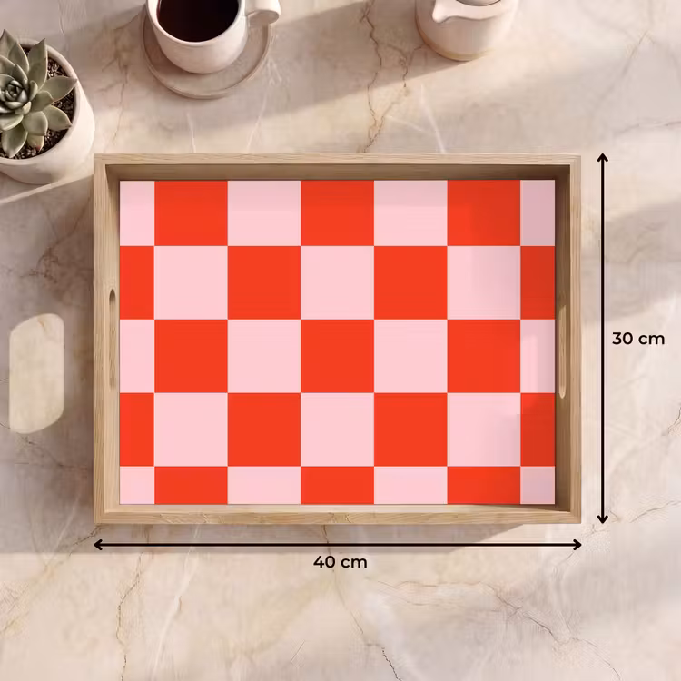 Schaakbord patroon - Rood - Roze - Blokjes Dienblad Rechthoek middel -USP_Formaat