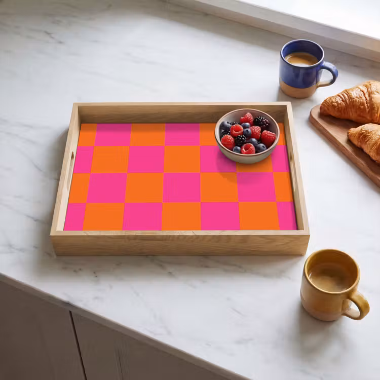 Schaakbord print - Oranje - Roze - Blokjes Dienblad Rechthoek middel -sfeer2