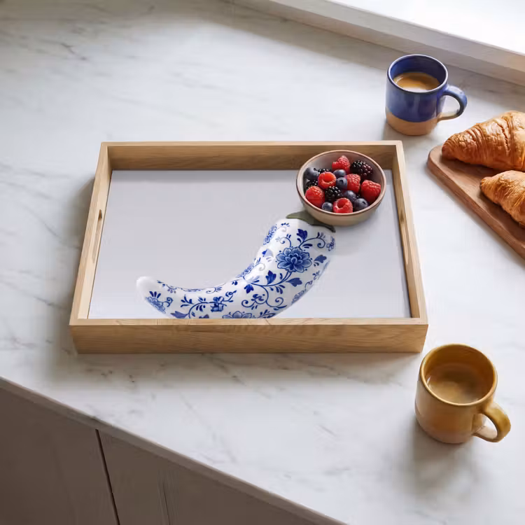 Chilipeper - Keramiek - Blauw Dienblad Rechthoek middel -sfeer2