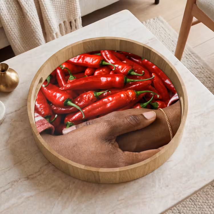 Tray - Chili Peppers - Red - Hands - Chilipepers - Rood - Handen Dienblad Rond middel