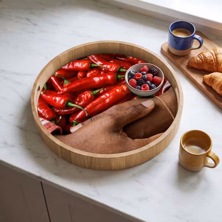 Tray - Chili Peppers - Red - Hands - Chilipepers - Rood - Handen Dienblad Rond middel