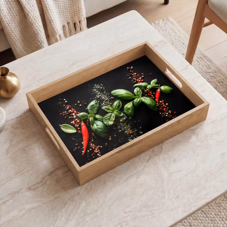 Chilipepers - Basilicum - Blaadjes - Rood Dienblad Rechthoek middel -sfeer1