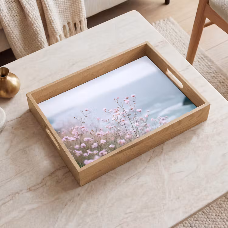Klif - Bloemen - Zee - Roze Dienblad Rechthoek middel -sfeer1