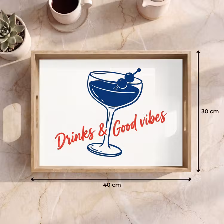 Cocktail - Glas - Illustratie - Blauw - Wit Dienblad Rechthoek middel -USP_Formaat