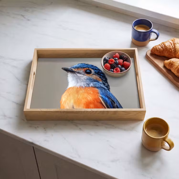 Kleurrijk - Vogeltje - Veren - Blauw Dienblad Rechthoek middel -sfeer2