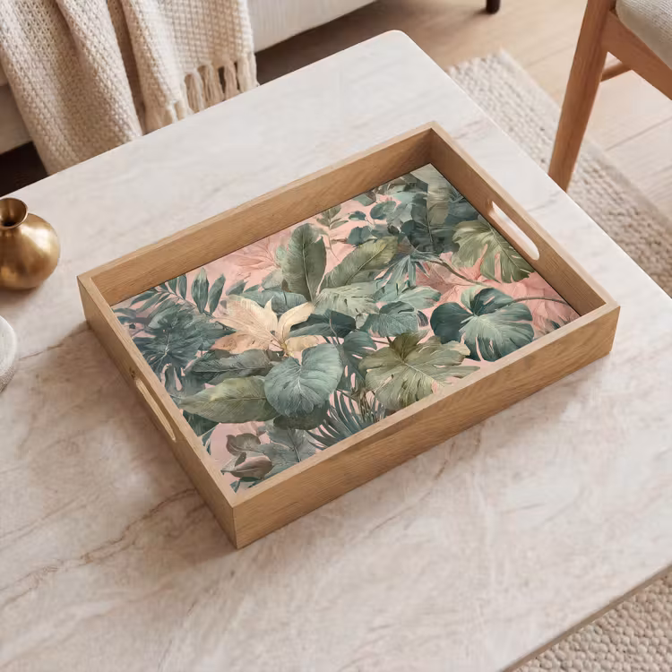 Compositie van bladeren - Groen - Roze Dienblad Rechthoek middel -sfeer1