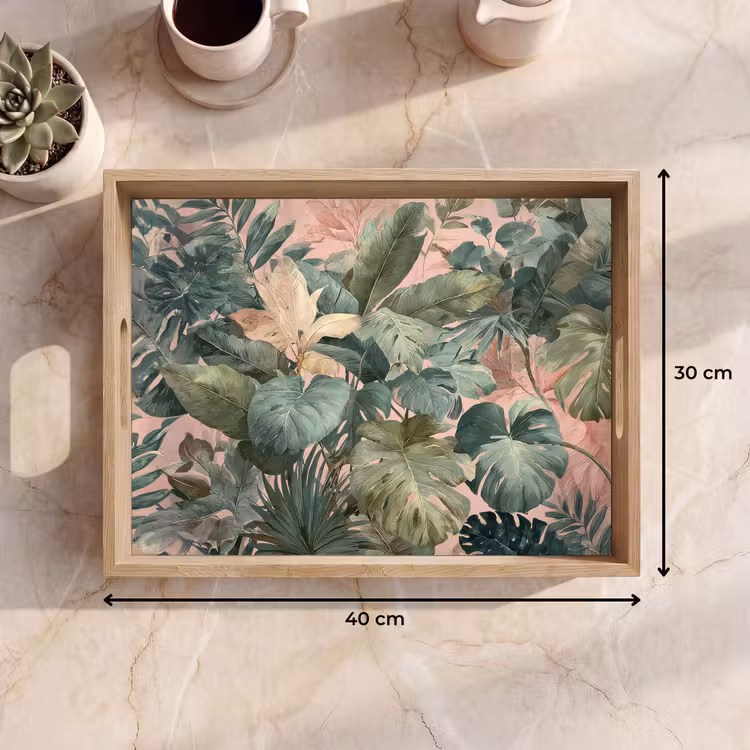 Compositie van bladeren - Groen - Roze Dienblad Rechthoek middel -USP_Formaat