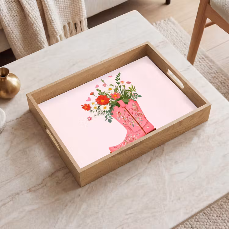 Cowboylaarzen - Roze - Boeket - Bloemen Dienblad Rechthoek middel -sfeer1