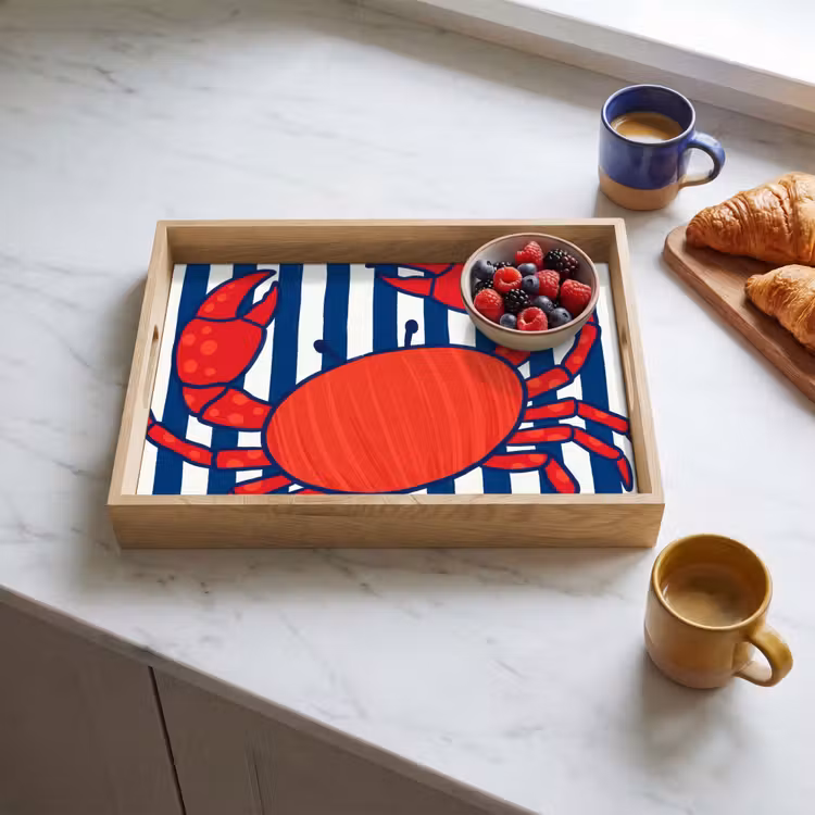 Krab - Strepen - Zeeleven - Illustratie - Rood Dienblad Rechthoek middel -sfeer2