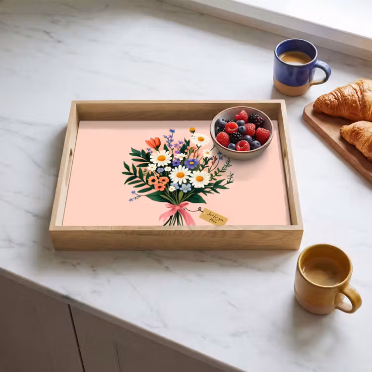 Margrieten - Boeket - Strikje - Roze Dienblad Rechthoek middel -sfeer2