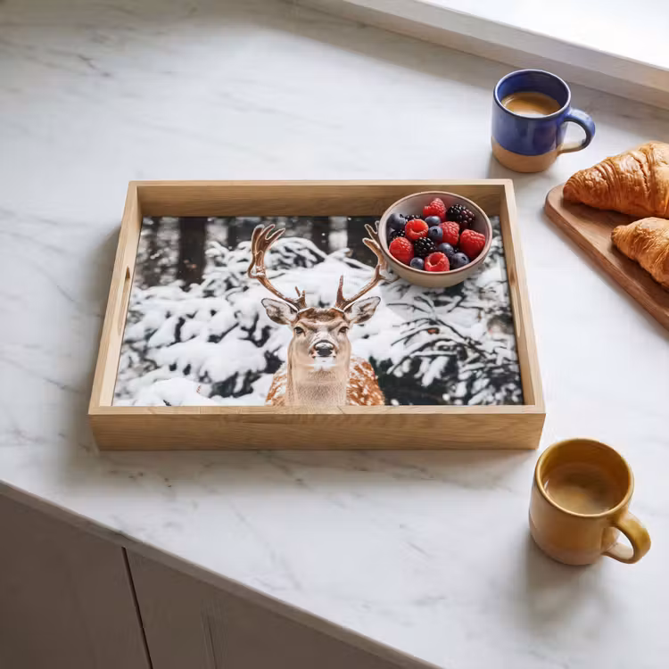 Hert - Sneeuw - Winter - Bos - Dieren Dienblad Rechthoek middel -sfeer2