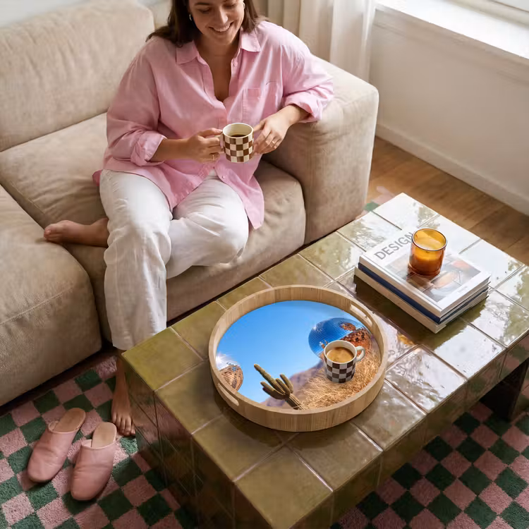 Tray - Desert - Mirror Ball - Art - Woestijn - Spiegelbal - Kunst Dienblad Rond middel