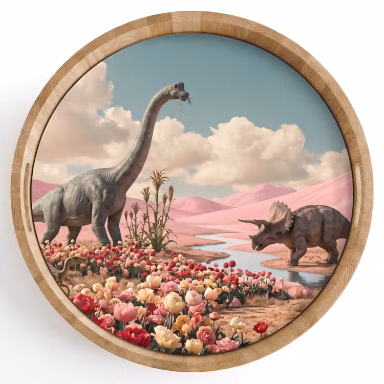 Tray - Dinosaur - Pink - Landscape - Dinosaurus - Roze - Landschap Dienblad Rond middel