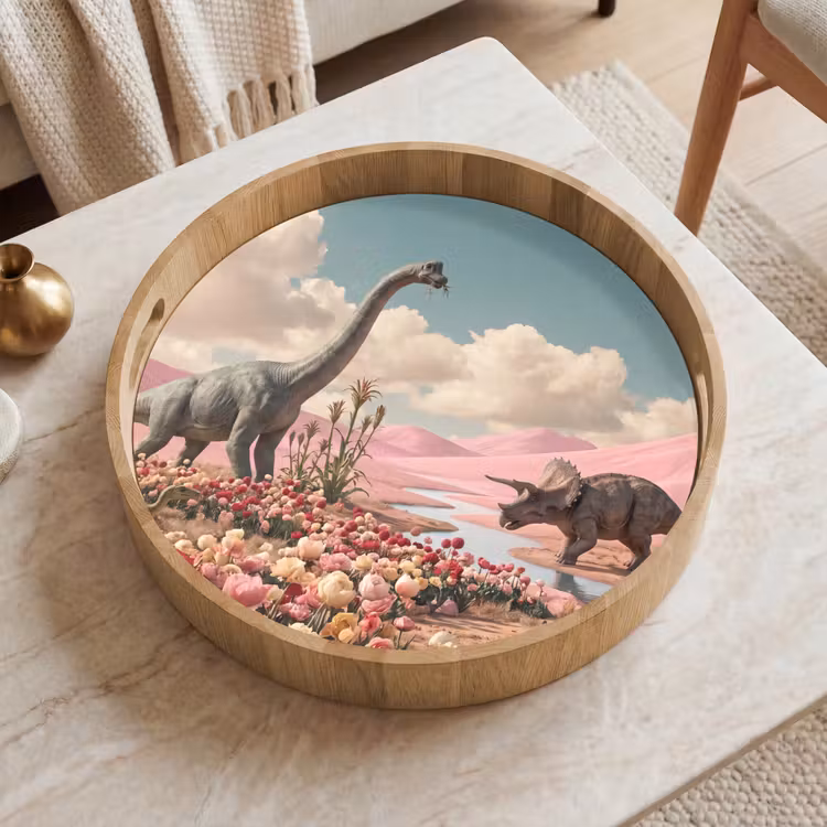 Tray - Dinosaur - Pink - Landscape - Dinosaurus - Roze - Landschap Dienblad Rond middel