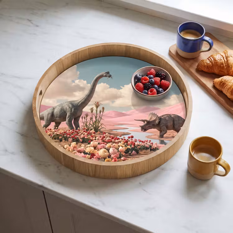 Tray - Dinosaur - Pink - Landscape - Dinosaurus - Roze - Landschap Dienblad Rond middel