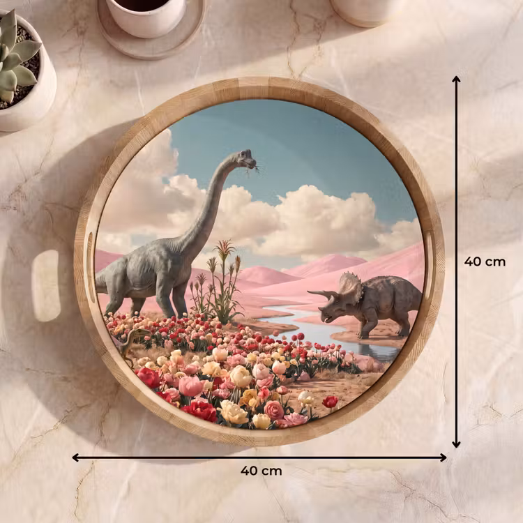 Tray - Dinosaur - Pink - Landscape - Dinosaurus - Roze - Landschap Dienblad Rond middel