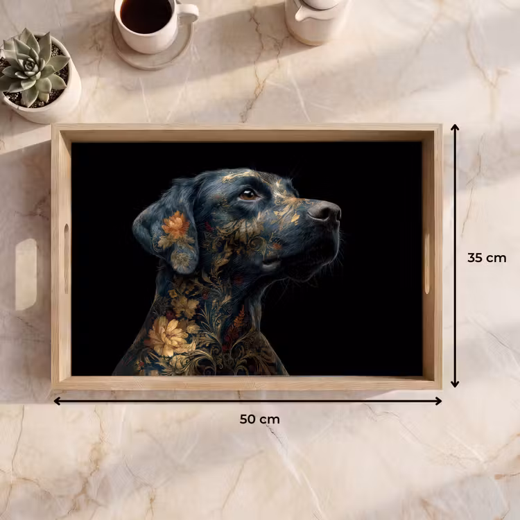 Hond - Zwart - Bloemen Dienblad Rechthoek middel -USP_Formaat