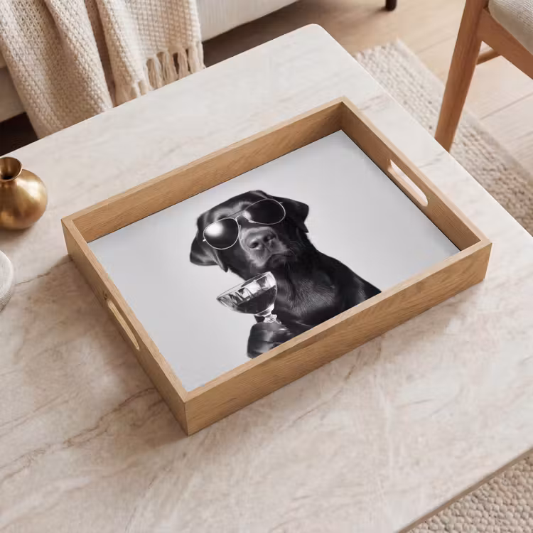 Hond - Zwart - Wijnglas - Zonnebril Dienblad Rechthoek middel -sfeer1