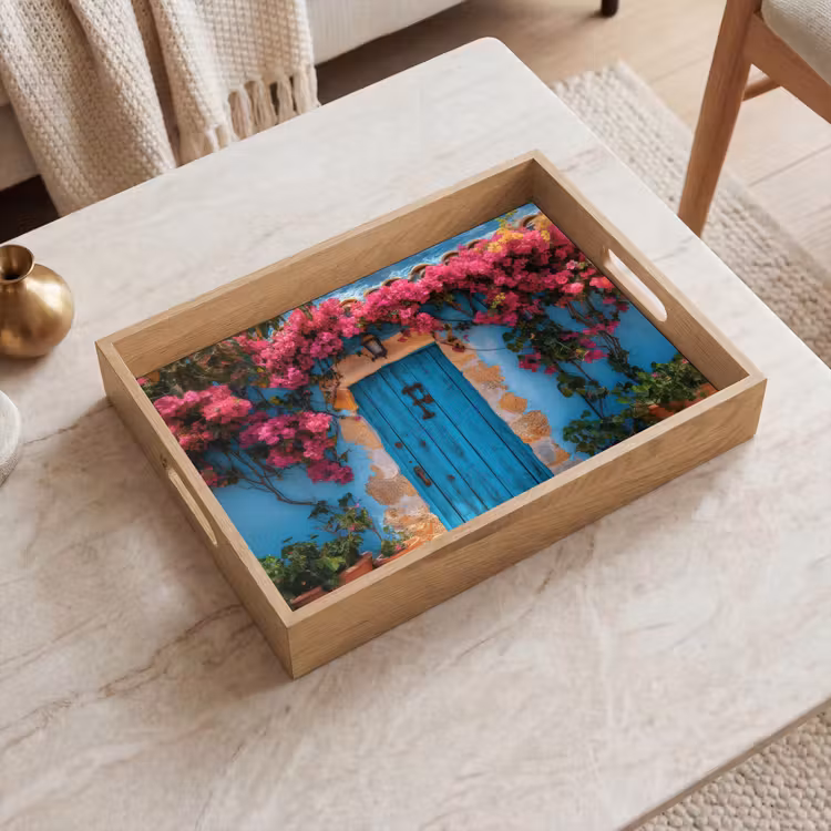Deur - Hout - Bloemen - Blauw Dienblad Rechthoek middel -sfeer1