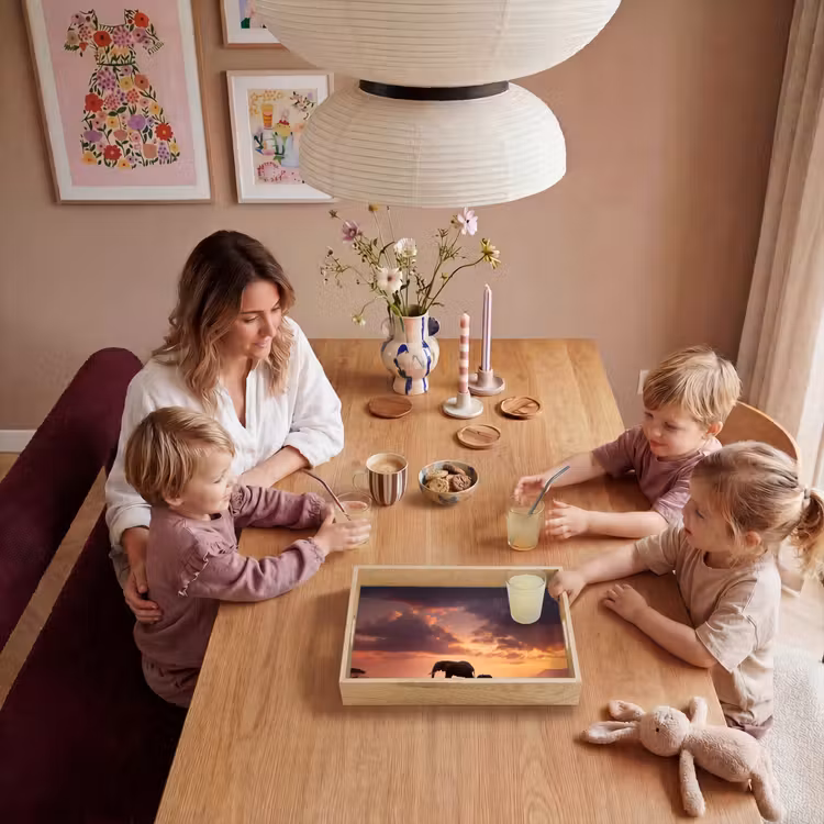 Olifanten - Grasland - Zonsondergang Dienblad Rechthoek middel -sfeer4