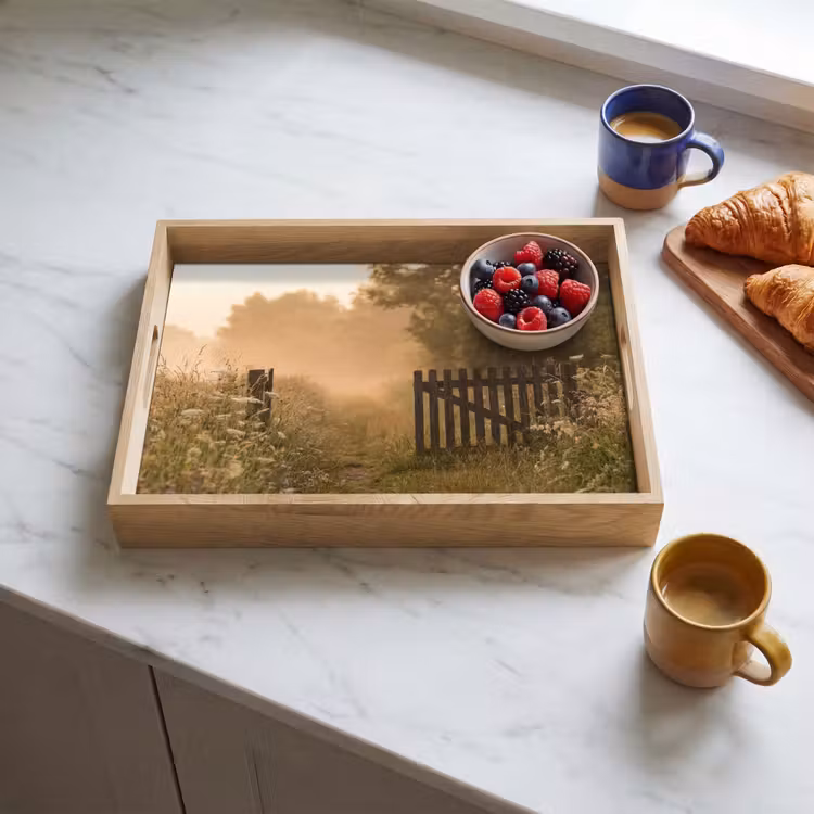 Hek - Natuur - Mist - Veld Dienblad Rechthoek middel -sfeer2