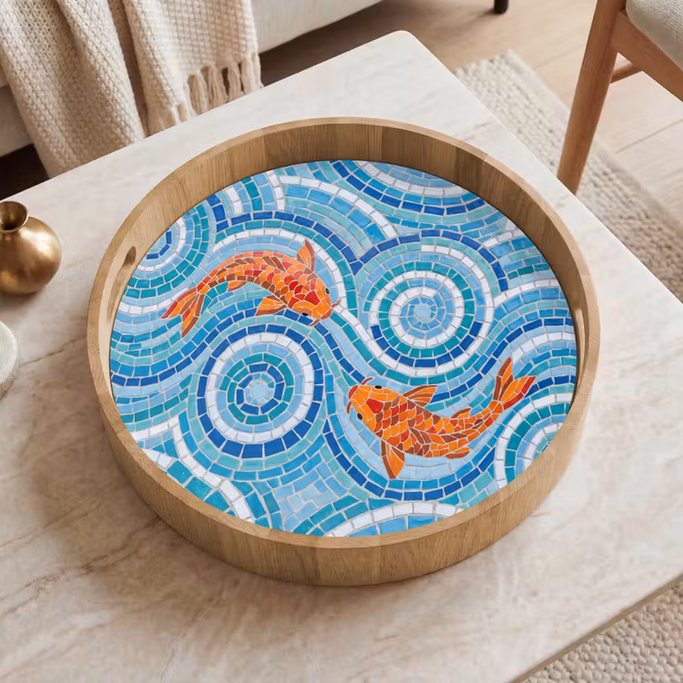 Vis - Mozaïek - Water - Decoratief - Blauw Dienblad Rond middel -sfeer1