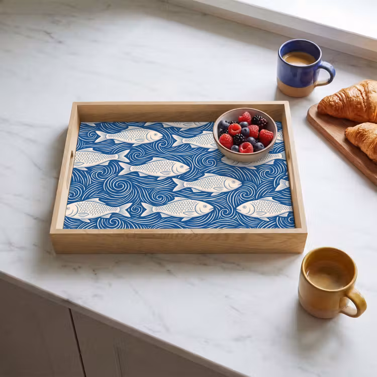 Vis - Water - Patroon - Grafisch - Blauw Dienblad Rechthoek middel -sfeer2