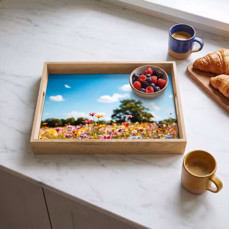 Bloemenweide - Blauw - Lucht - Kleuren Dienblad Rechthoek middel -sfeer2