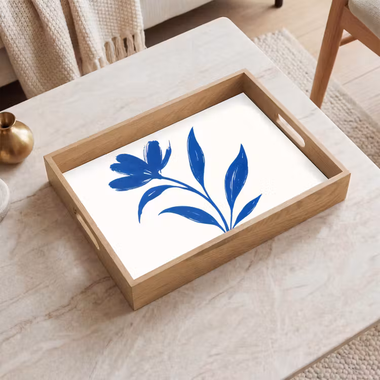 Bloem - Blaadjes - Minimalistisch - Blauw Dienblad Rechthoek middel -sfeer1