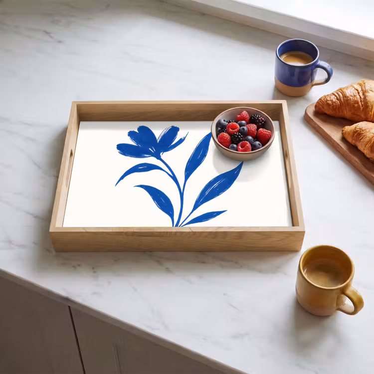 Bloem - Blaadjes - Minimalistisch - Blauw Dienblad Rechthoek middel -sfeer2