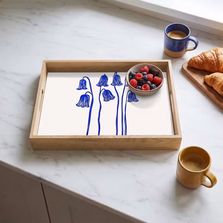 Bloemen - Blauw - Lijnen - Bloemblaadjes Dienblad Rechthoek middel -sfeer2