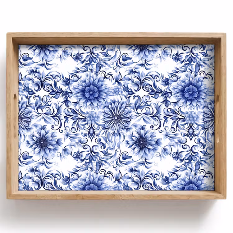 Bloemen - Blauw - Patroon - Wit Dienblad Rechthoek middel 911 -z3d_shopping