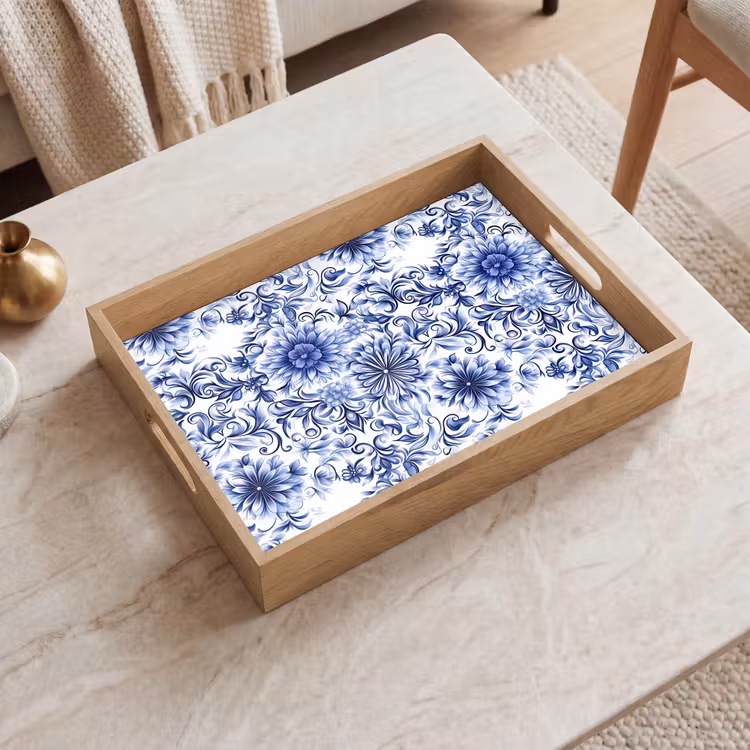 Bloemen - Blauw - Patroon - Wit Dienblad Rechthoek middel 911 -sfeer1