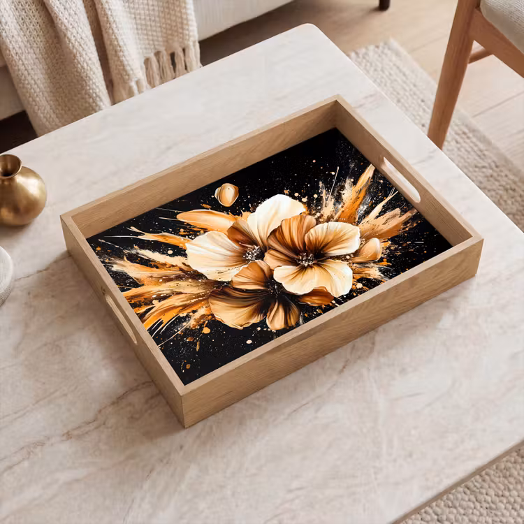 Bloemen - Goud - Graffiti - Zwart - Abstract Dienblad Rechthoek middel -sfeer1