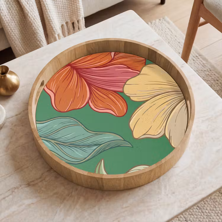 Tray - Flowers - Greenery - Illustration - Bloemen - Groen - Illustratie Dienblad Rond middel