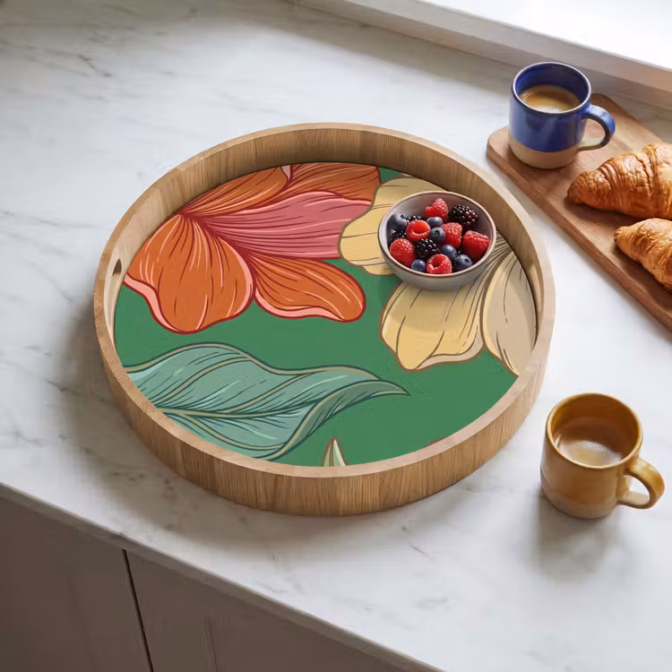 Tray - Flowers - Greenery - Illustration - Bloemen - Groen - Illustratie Dienblad Rond middel