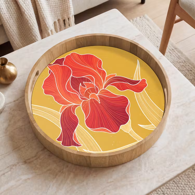 Tray - Flowers - Illustration - Red - Bloemen - Illustratie - Rood Dienblad Rond middel