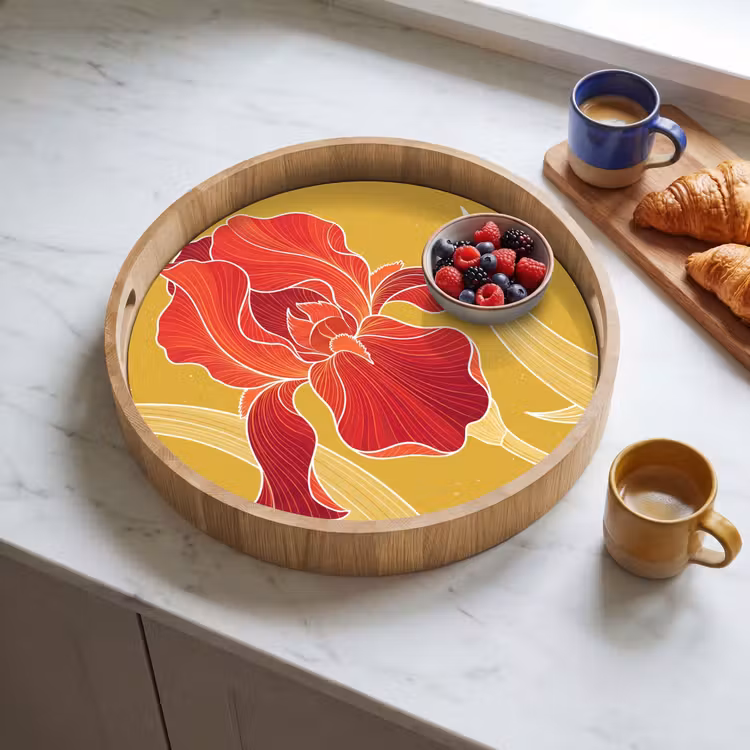 Tray - Flowers - Illustration - Red - Bloemen - Illustratie - Rood Dienblad Rond middel