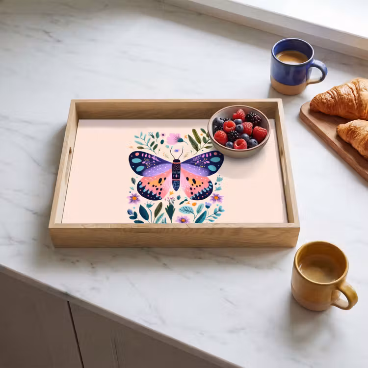 Bloemen - Bladeren - Vlinder - Kleurrijk Dienblad Rechthoek middel -sfeer2