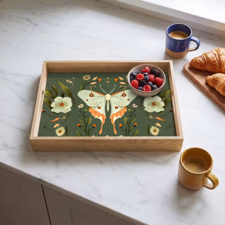 Bloemen - Bladeren - Olijfgroen - Vlinder Dienblad Rechthoek middel -sfeer2