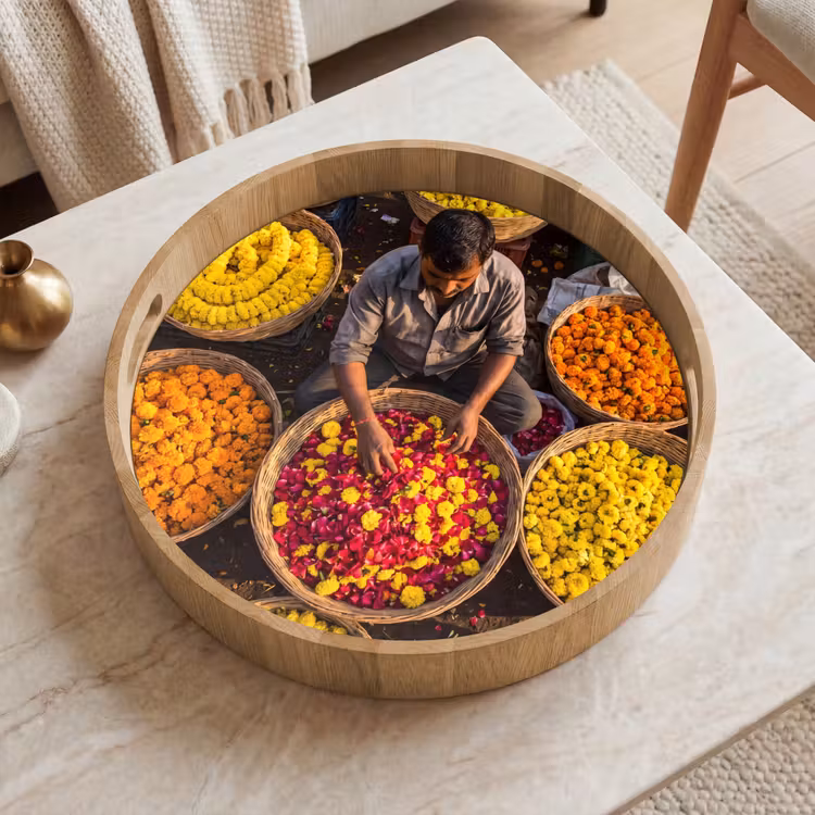 Tray - Flowers - Market - Colorful - Bloemen - Markt - Kleurrijk Dienblad Rond middel