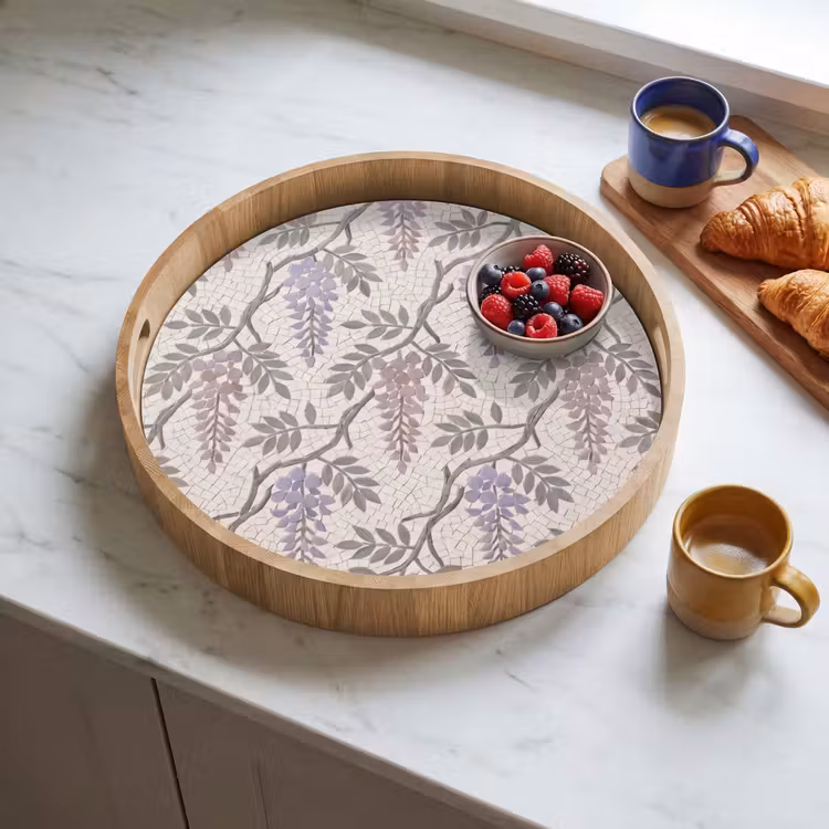 Bloemen - Mozaïek - Natuur - Patroon - Paars Dienblad Rond middel -sfeer2