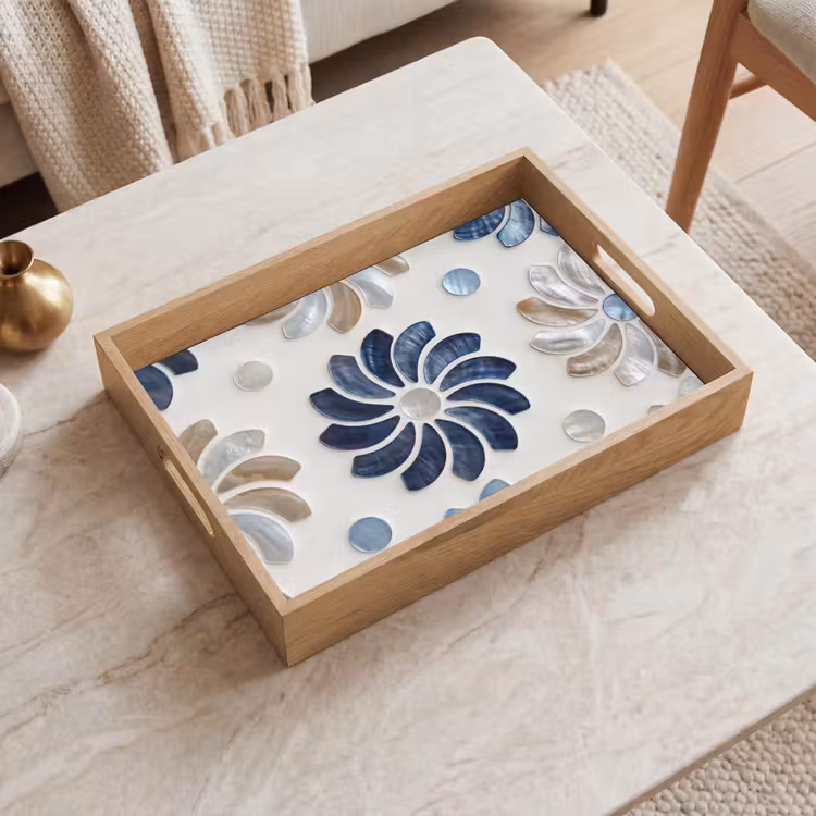 Bloemen - Parelmoer - Abstract - Patroon - Blauw Dienblad Rechthoek middel -sfeer1