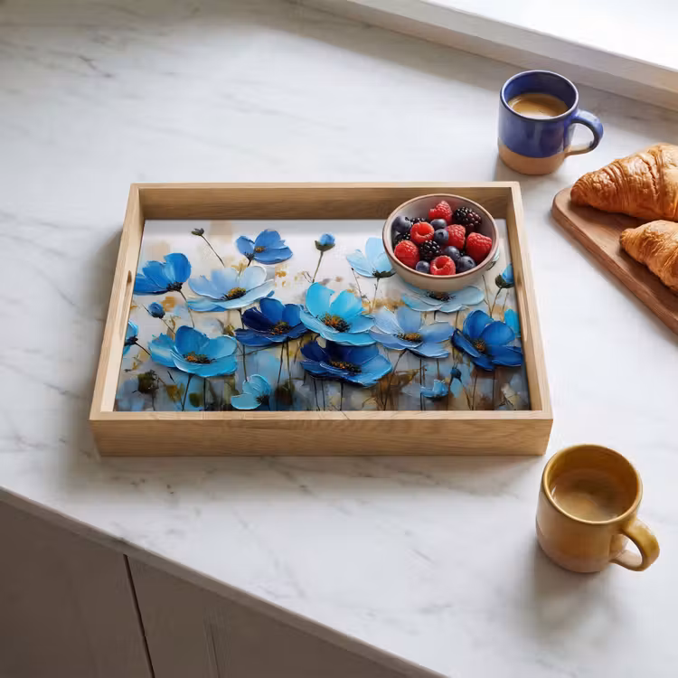 Bloemen - Schilderij - Blauw Dienblad Rechthoek middel -sfeer2
